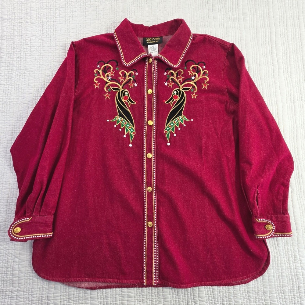 Bob Mackie Wearable Art Red Denim Reindeer Christmas Shirt EUC Womens Plus 1X